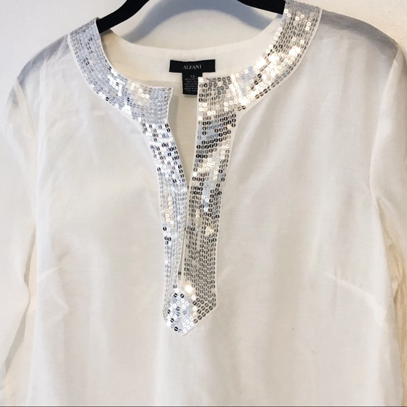 Alfani NWOT Silver Sequin Embellished Silk Tunic - Picture 2 of 6